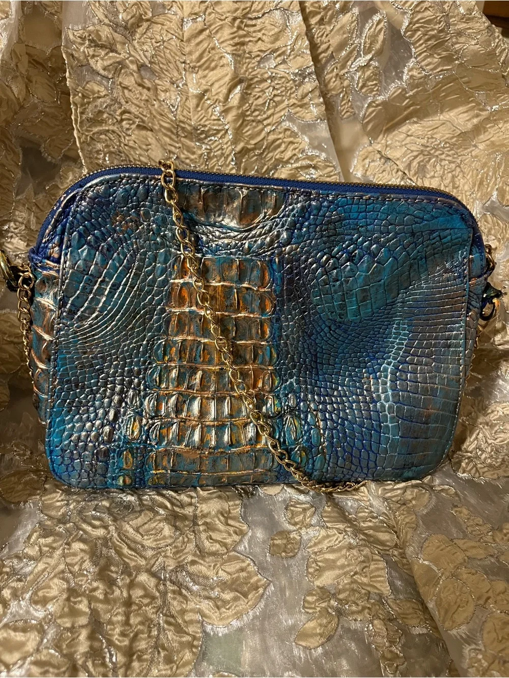 Metallic Blue Croc-Embossed Chain Shoulder Bag